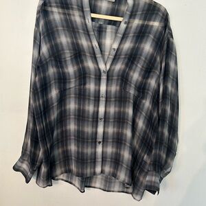 Vince Sheer Shadowbox Plaid silk Button-Down in Black and Gray